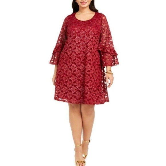 Robbie Bee Bell Sleeve Lace Knee Length Dress Red Shimmer 3X - Picture 1 of 6